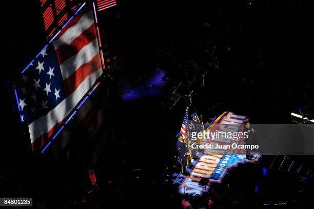 Singer Elliott Yamin sings the United States National Anthem before NBA All-Star Saturday Night, part of 2009 NBA All-Star Weekend at US Airways...