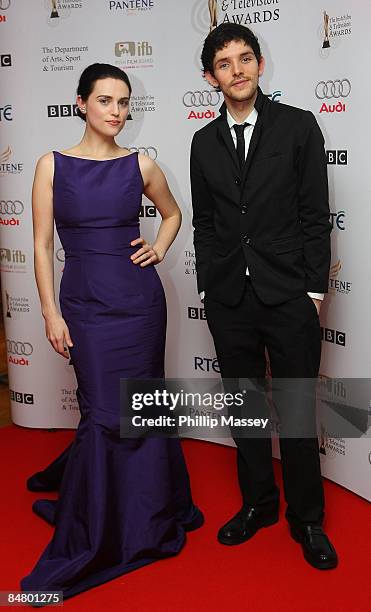 Katie McGrath and Colin Morgan appear in the press room for the Irish Film & TV Awards at the Burlington Hotel on February 14, 2009 in Dublin,...