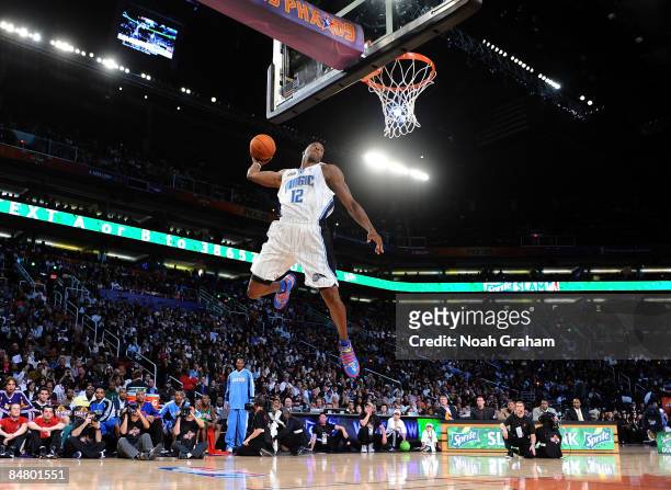 Dwight Howard of the Orlando Magic participates in the Sprite Slam Dunk Contest on All-Star Saturday Night, part of 2009 NBA All-Star Weekend at US...