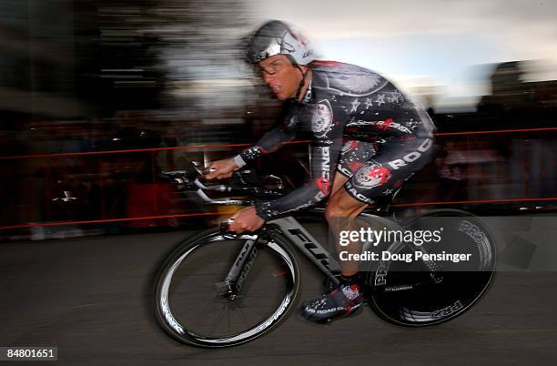 Tyler Hamilton of the USA and riding for Rock Racing rides to 71st place in the Prologue of the AMGEN Tour of California on February 14, 2009 in...