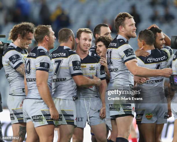 The Cowboys celebrate their win during the NRL Semi Final match between the Parramatta Eels and the North Queensland Cowboys at ANZ Stadium on...