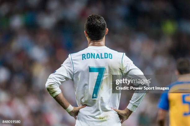 Cristiano Ronaldo of Real Madrid reacts during the UEFA Champions League 2017-18 match between Real Madrid and APOEL FC at Estadio Santiago Bernabeu...