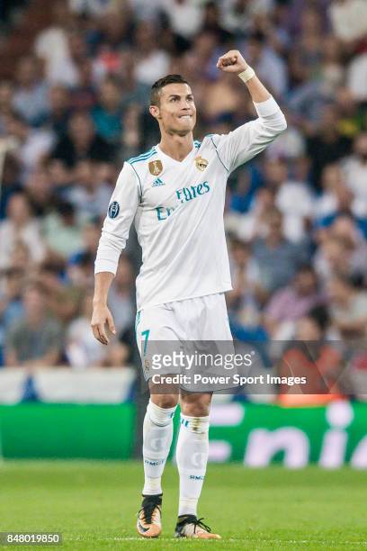 Cristiano Ronaldo of Real Madrid celebrates during the UEFA Champions League 2017-18 match between Real Madrid and APOEL FC at Estadio Santiago...