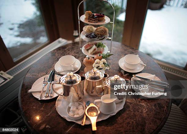 Afternoon tea for two at Bettys Tea Room, Harlow Carr on February 12, 2009 in Harrogate, England. The family owned company Taylors of Harrogate have...