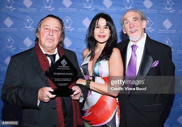 Director Paul Mazurksy poses with actress Maria Choncita Alonso and presenter Mark Berger after receiving the CAS Filmmaker Award at The Cinema Audio...