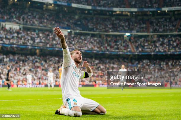 Sergio Ramos of Real Madrid celebrates during the UEFA Champions League 2017-18 match between Real Madrid and APOEL FC at Estadio Santiago Bernabeu...