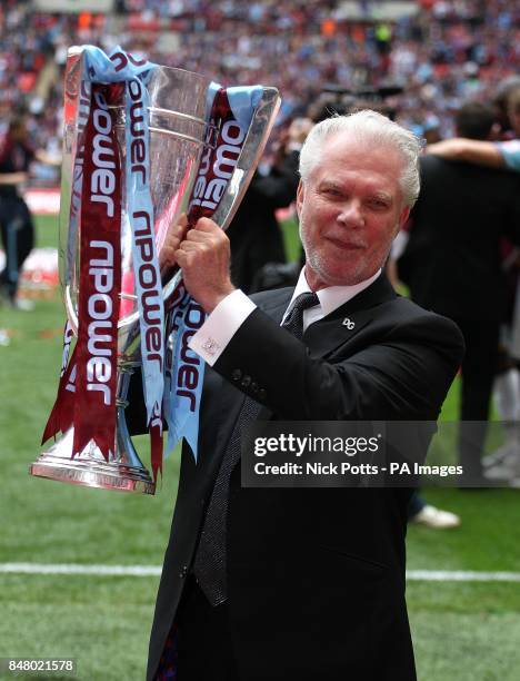 West Ham United co-owner David Gold celebrates with the Championship Play-Off Trophy