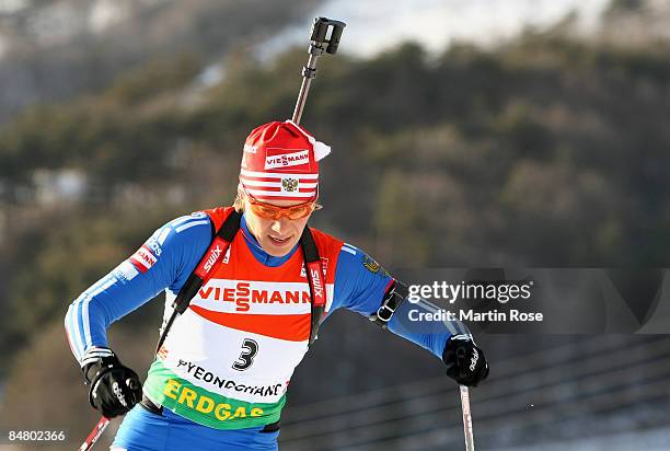 Olga Zaitseva of Russia in action during the Women 10 km pusuit of the IBU Biathlon World Campionships on February 15, 2009 in Pyeongchang, South...
