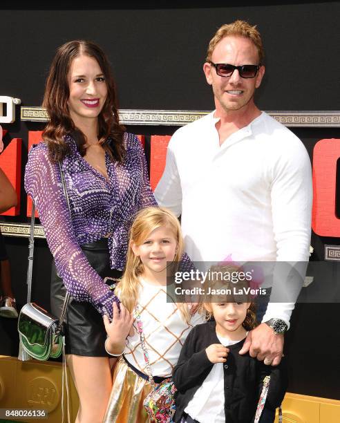 Actor Ian Ziering, wife Erin Kristine Ludwig and children Mia Loren Ziering and Penna Mae Ziering attend the premiere of "The LEGO Ninjago Movie" at...