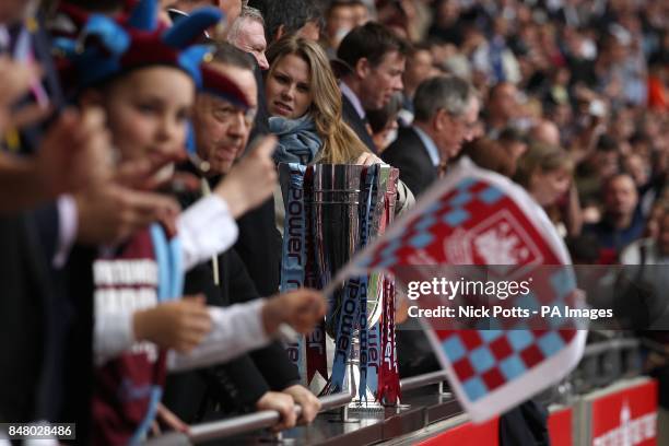 The Championship Play Off trophy waits to be collected by the West Ham United team following their victory over Blackpool