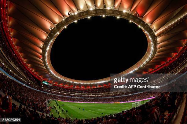 General view taken on September 16, 2017 during the inauguration of the t the Wanda Metropolitano stadium after the Spanish league football match...