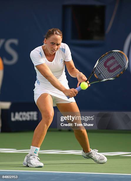 Julia Schruff of Germany in action in her first round match against Petra Kvitova of the Czech Republic during day one of the WTA Barclays Dubai...