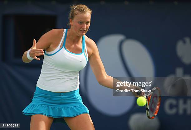 Petra Kvitova of the Czech Republic in action in her first round match against Julia Schruff of Germany during day one of the WTA Barclays Dubai...