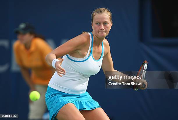 Petra Kvitova of the Czech Republic in action in her first round match against Julia Schruff of Germany during day one of the WTA Barclays Dubai...