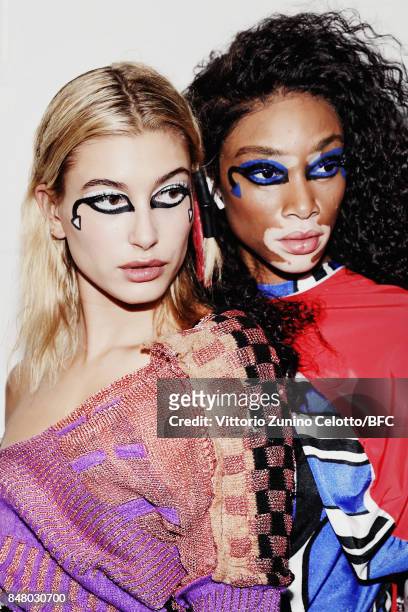Hailey Baldwin and Winnie Harlow are seen backstage ahead of the Fashion East show during London Fashion Week September 2017 on September 16, 2017 in...