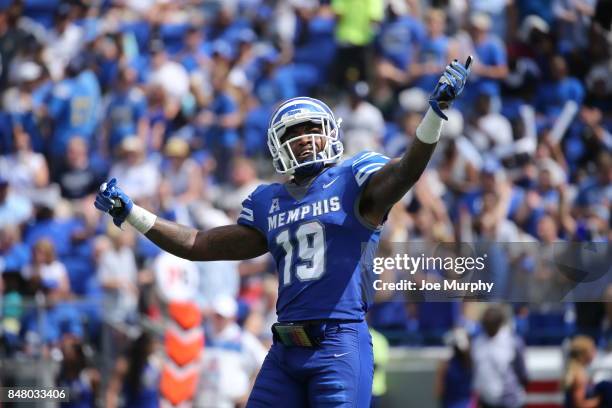 Shaun Rupert of the Memphis Tigers celebrates against the UCLA Bruins on September 16, 2017 at Liberty Bowl Memorial Stadium in Memphis, Tennessee....