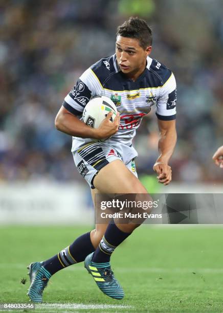 Te Maire Martin of the Cowboys runs with the ball during the NRL Semi Final match between the Parramatta Eels and the North Queensland Cowboys at ANZ...