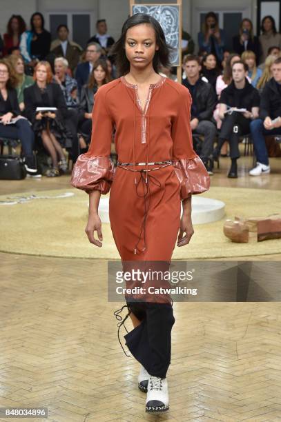 Model walks the runway at the J.W.Anderson Spring Summer 2018 fashion show during London Fashion Week on September 16, 2017 in London, United Kingdom.