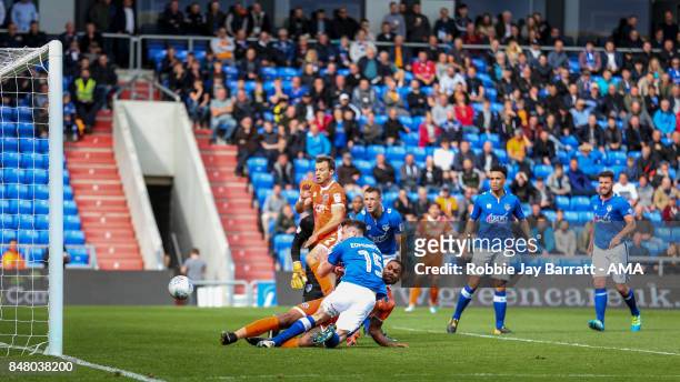Stefan Payne of Shrewsbury Town scores a goal to make it 1-0during the Sky Bet League One match between Oldham Athletic and Shrewsbury Town at...