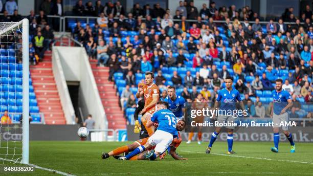 Stefan Payne of Shrewsbury Town scores a goal to make it 1-0during the Sky Bet League One match between Oldham Athletic and Shrewsbury Town at...