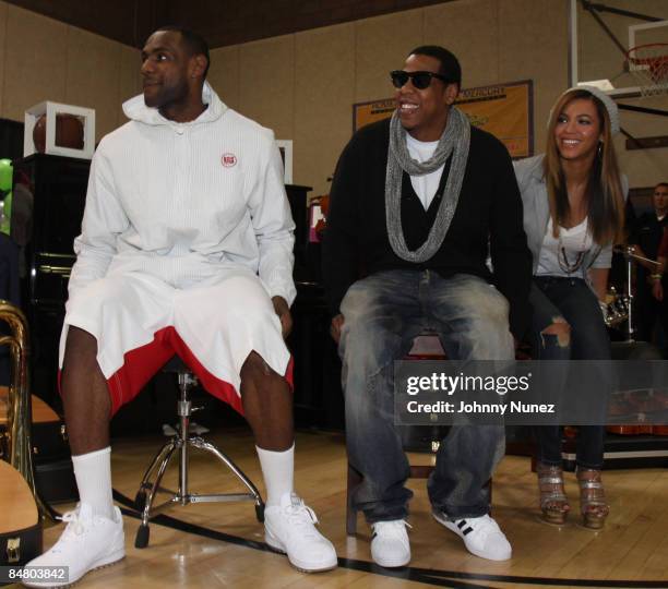 Lebron James, Jay-Z and Beyonce attend the Sprite Green Instrument Donation on February 14, 2009 in Mesa, Arizona.