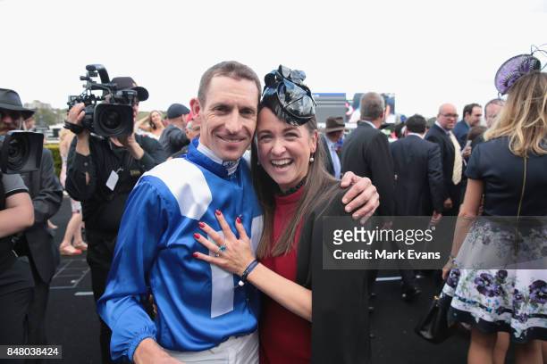 Hugh Bowman with wife Christine after winning race 6 on Winx during Sydney Racing at Royal Randwick Racecourse on September 16, 2017 in Sydney,...