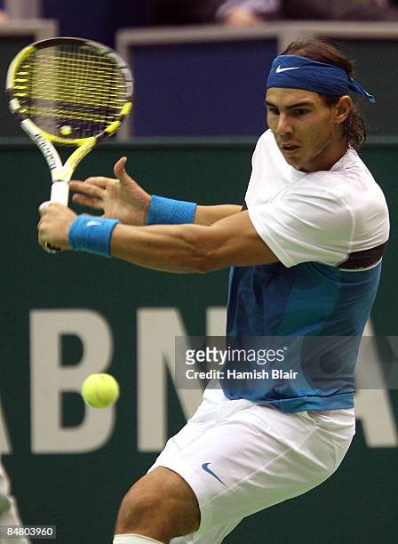 Rafael Nadal of Spain plays a backhand during the singles final match against Andy Murray of Great Britain during day seven of the ABN AMRO World...