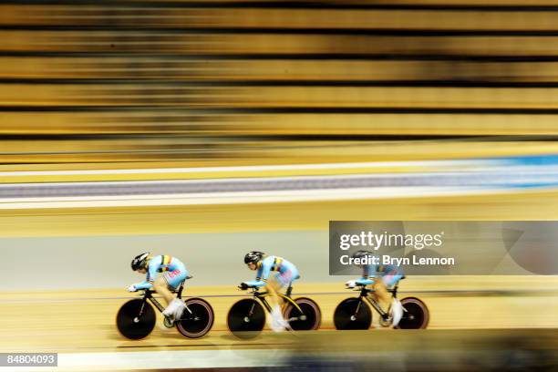 The Belgian Team ride in the Women's Team Pursuit heat during day three of the UCI Track World Cup V on February 15, 2009 in Copenhagen, Denmark.