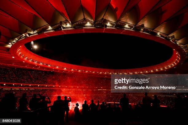 Fans attend a firework show after the La Liga match between Club Atletico Madrid and Malaga CF at Estadio Wanda Metropolitano on September 16, 2017...
