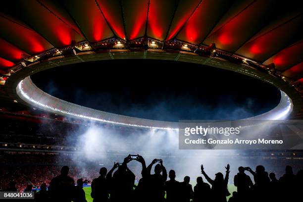 Fans attend a firework show after the La Liga match between Club Atletico Madrid and Malaga CF at Estadio Wanda Metropolitano on September 16, 2017...