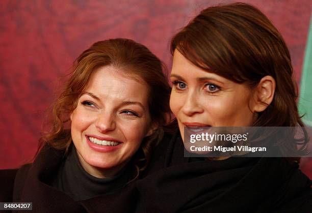 Yvonne Catterfeld and Anja Kling pose for the media during the premiere of the movie 'Lilli The Witch - The Dragon And The Magical Book' on February...