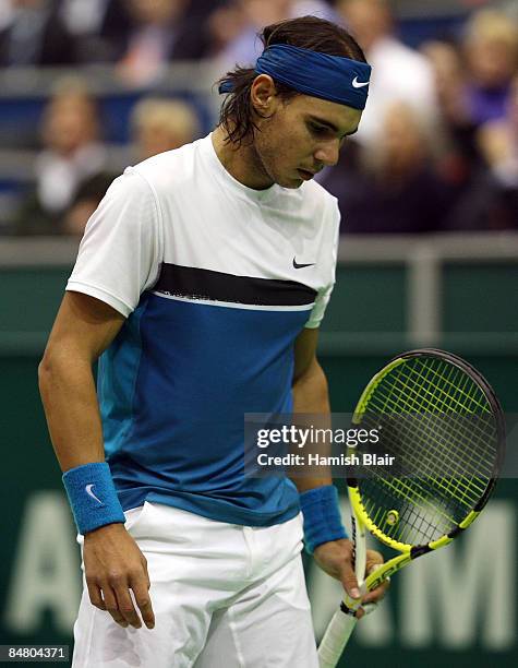 Rafael Nadal of Spain looks on during the singles final match against Andy Murray of Great Britain during day seven of the ABN AMRO World Tennis...