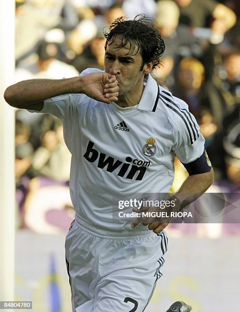 Real Madrid's Raul Gonzalez celebrates after scoring against Sporting Gijon during their Spanish first league football match at the Molinon Stadium...