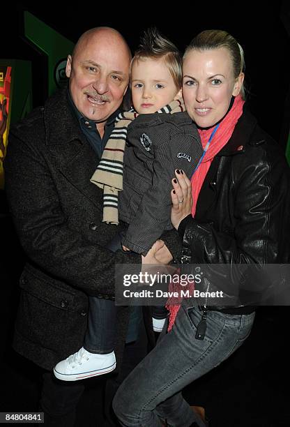 Aldo Zilli with son Rocco and wife Nikki arrive at the VIP premiere of 'Ben 10. Alien Force', at the Old Billingsgate Market on February 15, 2009 in...