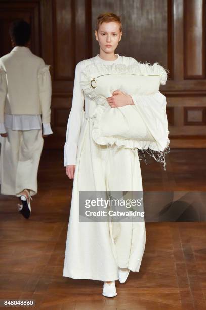 Model walks the runway at the Mother of Pearl Spring Summer 2018 fashion show during London Fashion Week on September 16, 2017 in London, United...
