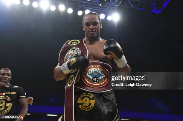 Anthony Yarde celebrates after defeating Norbert Nemesapati for the WBO European Light Heavyweight Title and vacant WBO Inter-Continental Light...