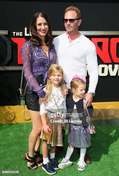 Erin Kristine Ludwig and Ian Ziering attend the premiere of Warner Bros. Pictures' 'The LEGO Ninjago Movie' on September 16, 2017 in Westwood,...