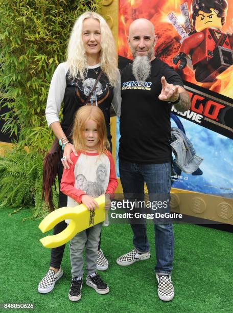 Scott Ian, wife Pearl Aday and son Revel Ian arrive at the premiere of Warner Bros. Pictures' "The LEGO Ninjago Movie" at Regency Village Theatre on...