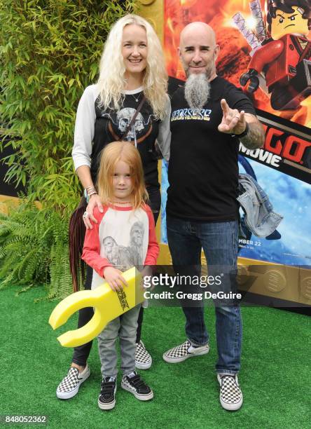 Scott Ian, wife Pearl Aday and son Revel Ian arrive at the premiere of Warner Bros. Pictures' "The LEGO Ninjago Movie" at Regency Village Theatre on...