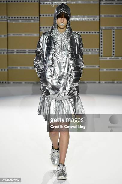 Model walks the runway at the Nicopanda Spring Summer 2018 fashion show during London Fashion Week on September 16, 2017 in London, United Kingdom.