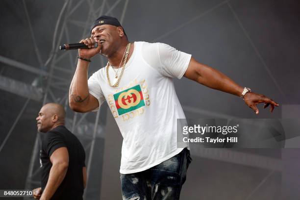 Rappers Darryl McDaniels and LL Cool J perform onstage during Day 2 at The Meadows Music & Arts Festival at Citi Field on September 16, 2017 in New...