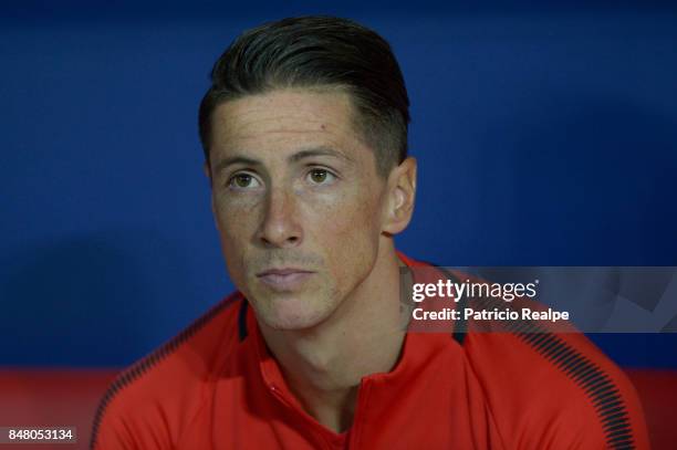 Fernando Torres of Atletico de Madrid looks on prior to the match between Club Atletico de Madrid and Malaga as part of La Liga at Wanda...