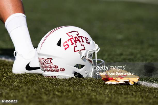 An Iowa State Cyclones helmet on the field prior to the college football game between the Iowa State Cyclones and Akron Zips on September 16 at Summa...