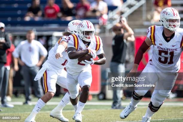 Iowa State Cyclones running back Mike Warren carries the football during the first quarter of the college football game between the Iowa State...