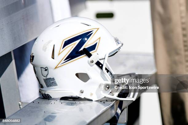 An Akron Zips helmet on the bench during the first quarter of the college football game between the Iowa State Cyclones and Akron Zips on September...