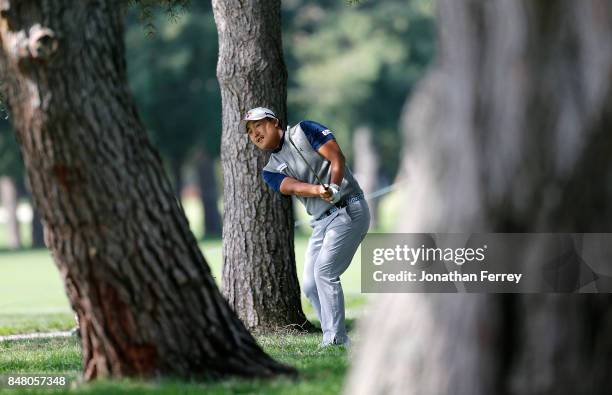 Kyoung-Hoon Lee of South Koea hits on the 1st hole during the third round of the Web.com Tour Albertson's Boise Open at Hillcrest Country Club on...