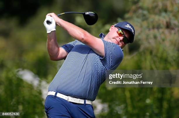 Ted Potter Jr. Tees off on the 2nd hole during the third round of the Web.com Tour Albertson's Boise Open at Hillcrest Country Club on September 16,...
