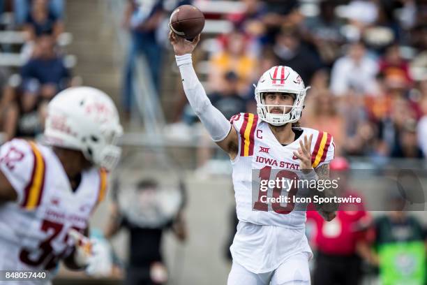 Iowa State Cyclones quarterback Jacob Park throws a pass during the second quarter of the college football game between the Iowa State Cyclones and...
