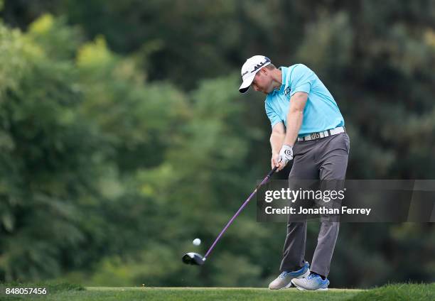 Tyler Duncan tees off on the 6th hole during the third round of the Web.com Tour Albertson's Boise Open at Hillcrest Country Club on September 16,...