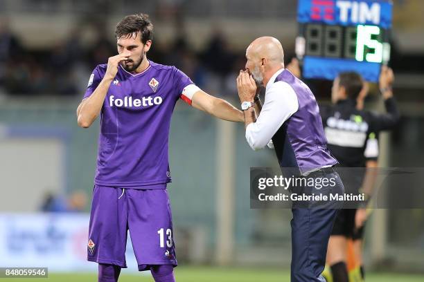 Davide Astori of ACF Fiorentina and Stefano Pioli manager of ACF Fiorentina during the Serie A match between ACF Fiorentina and Bologna FC at Stadio...